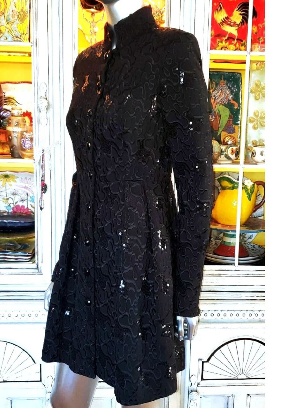 Betsey Johnson Vintage Y2K Black Embroidered Sequin Midi Coat Evening Jacket S - Picture 13 of 16